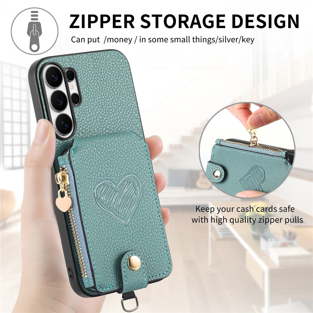 For Samsung Galaxy S25 Ultra Case Card Holder Zipper Pocket Heart Pattern Leather Phone Back Cover with Crossbody Strap