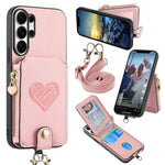 For Samsung Galaxy S25 Ultra Case Card Holder Zipper Pocket Heart Pattern Leather Phone Back Cover with Crossbody Strap
