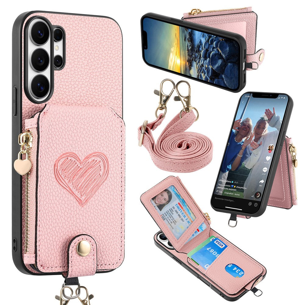 For Samsung Galaxy S25 Ultra Case Card Holder Zipper Pocket Heart Pattern Leather Phone Back Cover with Crossbody Strap