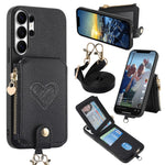 For Samsung Galaxy S25 Ultra Case Card Holder Zipper Pocket Heart Pattern Leather Phone Back Cover with Crossbody Strap