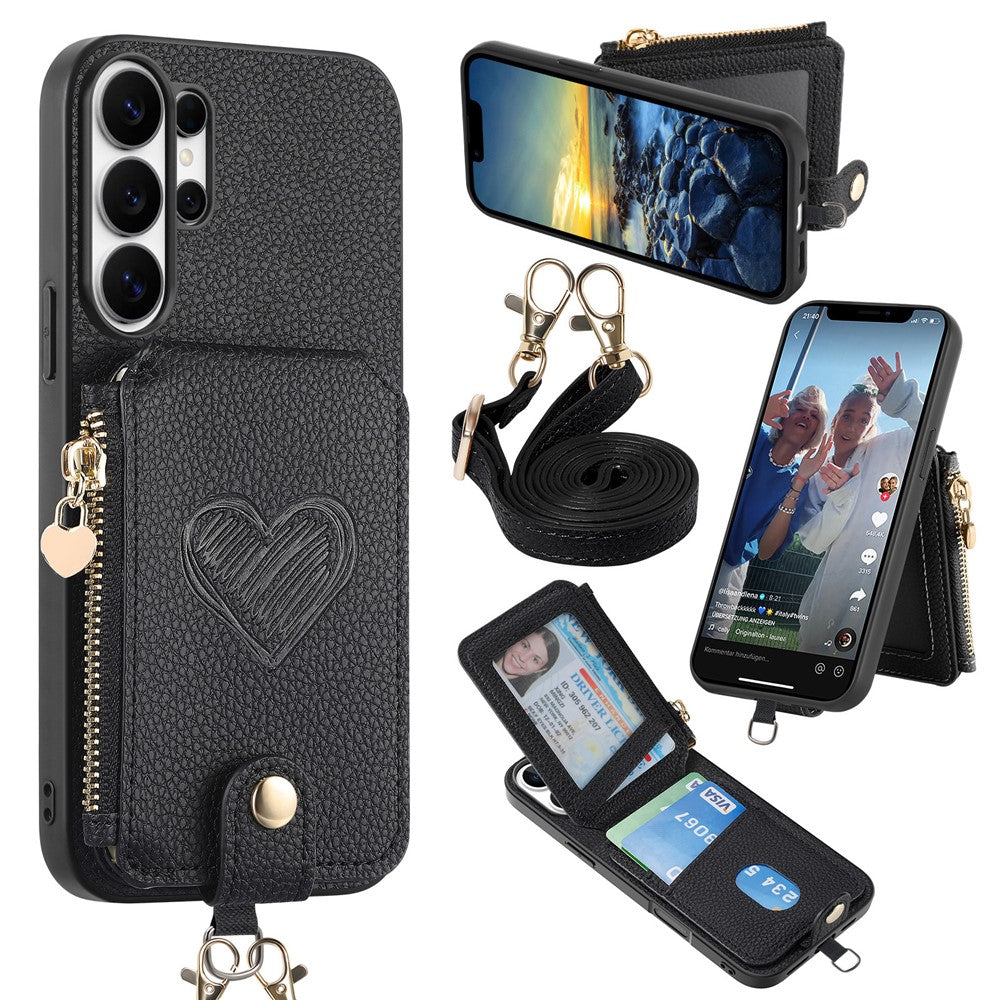 For Samsung Galaxy S25 Ultra Case Card Holder Zipper Pocket Heart Pattern Leather Phone Back Cover with Crossbody Strap
