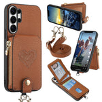For Samsung Galaxy S25 Ultra Case Card Holder Zipper Pocket Heart Pattern Leather Phone Back Cover with Crossbody Strap