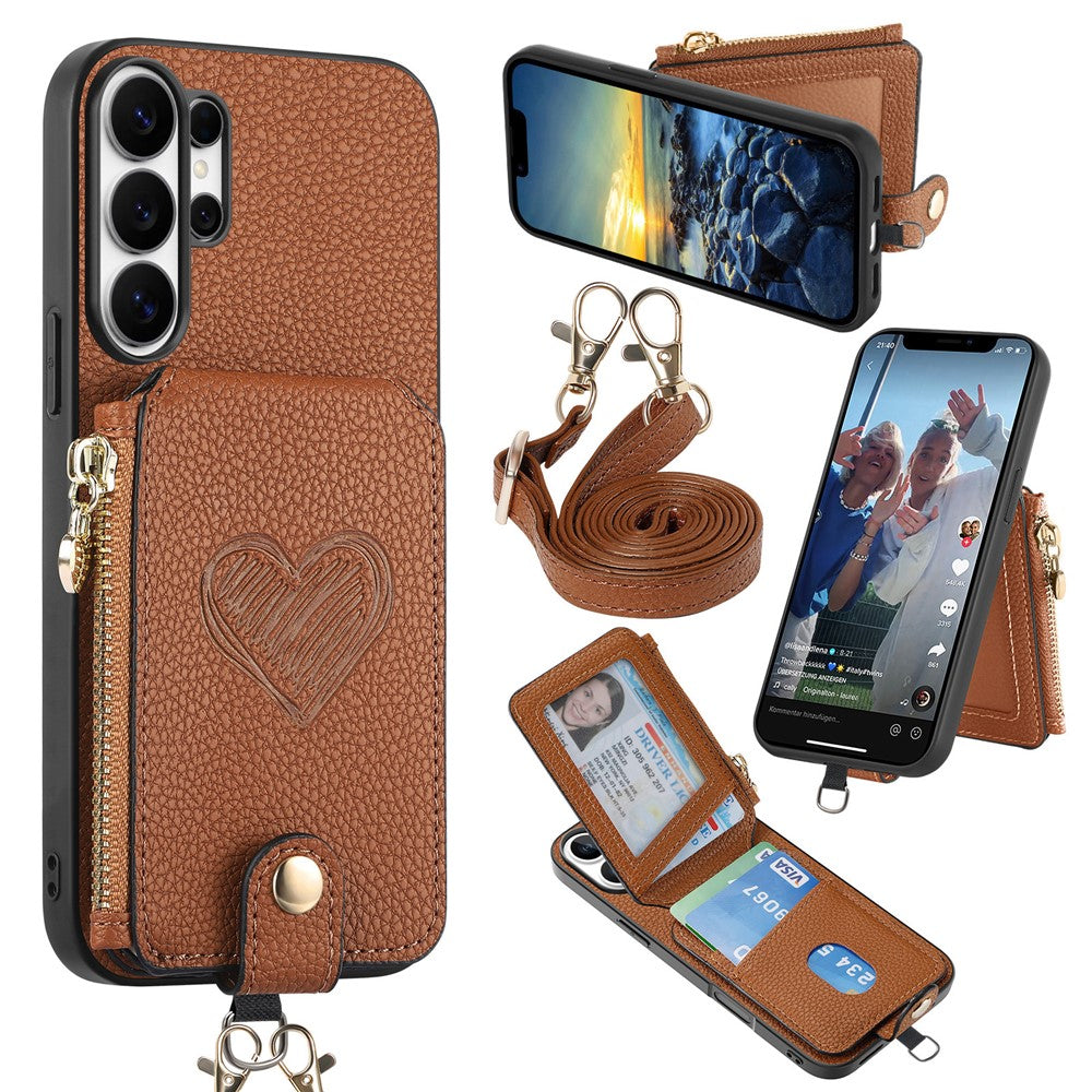 For Samsung Galaxy S25 Ultra Case Card Holder Zipper Pocket Heart Pattern Leather Phone Back Cover with Crossbody Strap
