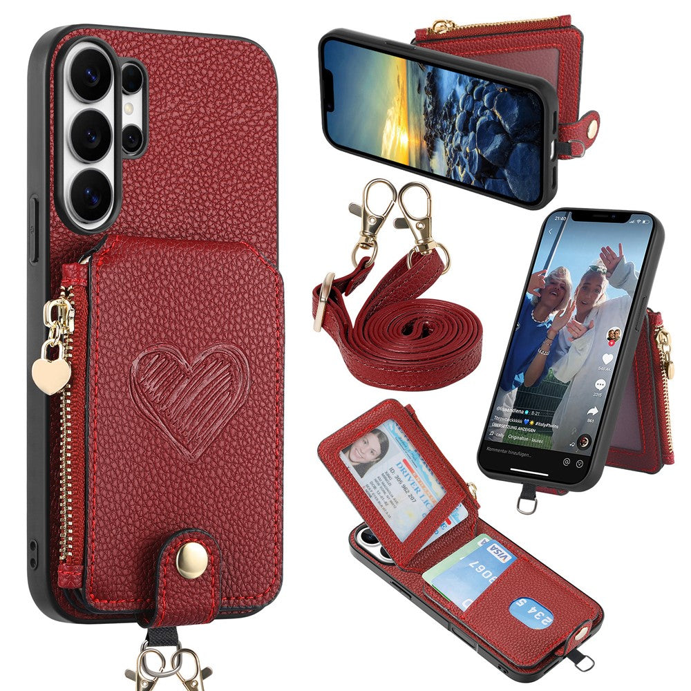 For Samsung Galaxy S25 Ultra Case Card Holder Zipper Pocket Heart Pattern Leather Phone Back Cover with Crossbody Strap