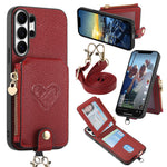 For Samsung Galaxy S25 Ultra Case Card Holder Zipper Pocket Heart Pattern Leather Phone Back Cover with Crossbody Strap