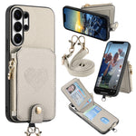 For Samsung Galaxy S25 Ultra Case Card Holder Zipper Pocket Heart Pattern Leather Phone Back Cover with Crossbody Strap