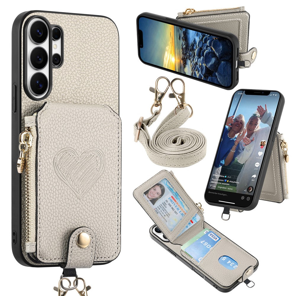 For Samsung Galaxy S25 Ultra Case Card Holder Zipper Pocket Heart Pattern Leather Phone Back Cover with Crossbody Strap