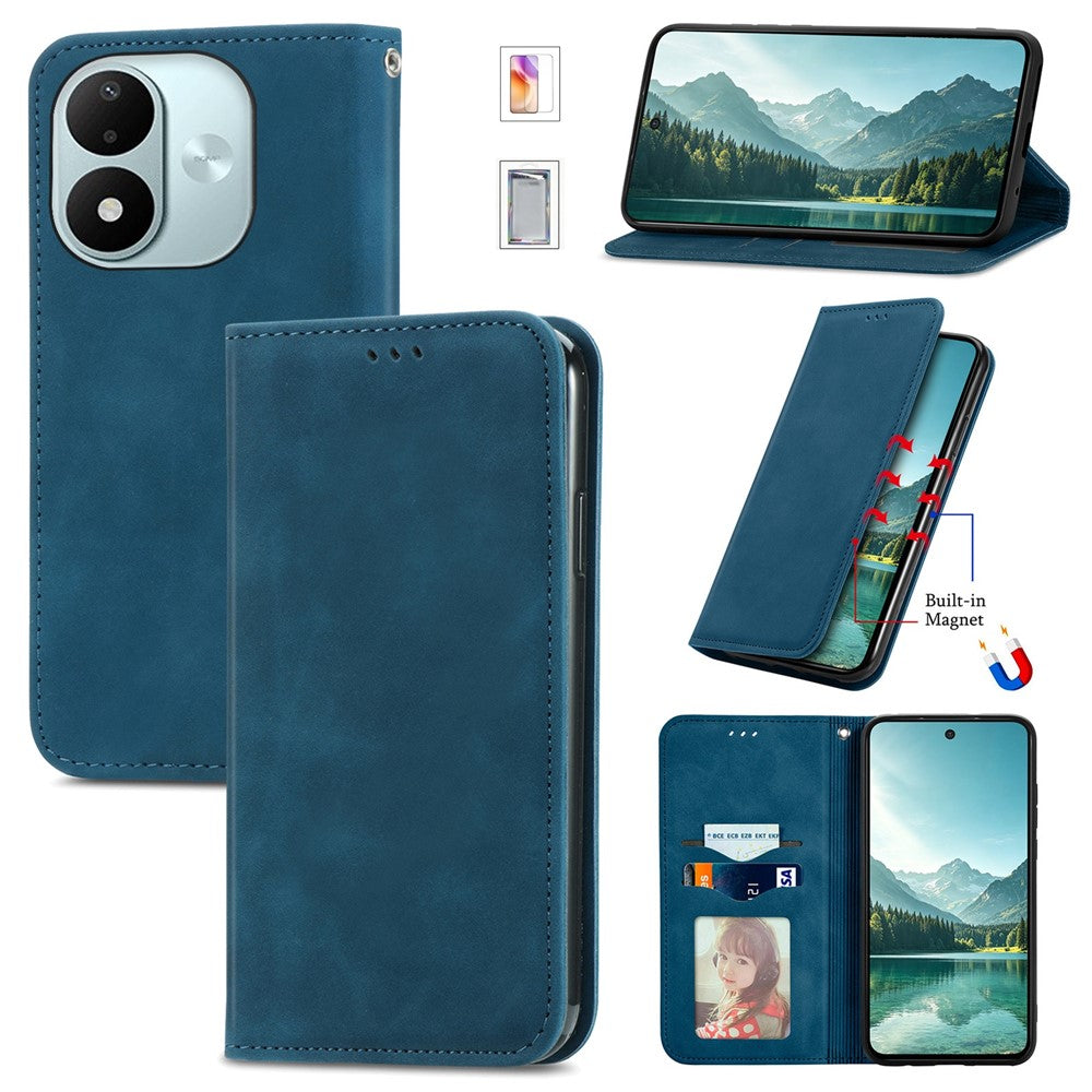 Läderfodral för Xiaomi Redmi Note 17 4G (Global) / Note 17 (Indien / Kina) 5G / Note 17 5G (Global), korthållare, magnetiskt mobilfodral med härdat glas