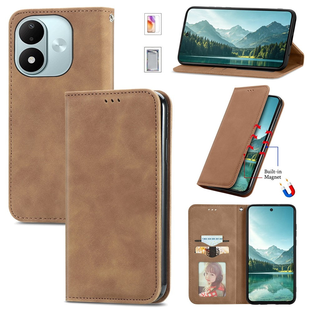 Läderfodral för Xiaomi Redmi Note 17 4G (Global) / Note 17 (Indien / Kina) 5G / Note 17 5G (Global), korthållare, magnetiskt mobilfodral med härdat glas