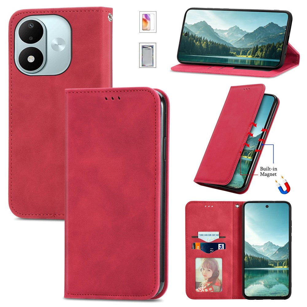 Läderfodral för Xiaomi Redmi Note 17 4G (Global) / Note 17 (Indien / Kina) 5G / Note 17 5G (Global), korthållare, magnetiskt mobilfodral med härdat glas