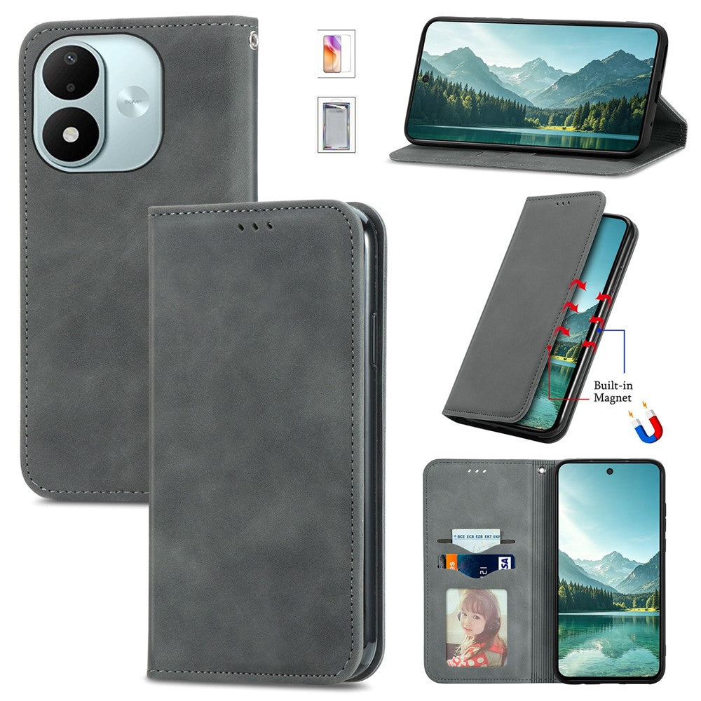 Läderfodral för Xiaomi Redmi Note 17 4G (Global) / Note 17 (Indien / Kina) 5G / Note 17 5G (Global), korthållare, magnetiskt mobilfodral med härdat glas