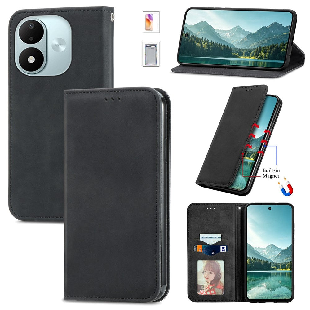 Läderfodral för Xiaomi Redmi Note 17 4G (Global) / Note 17 (Indien / Kina) 5G / Note 17 5G (Global), korthållare, magnetiskt mobilfodral med härdat glas