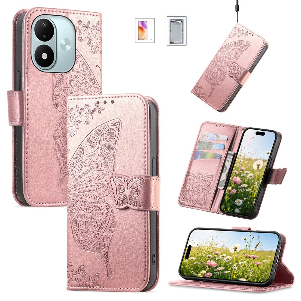 Wallet Case for Xiaomi Redmi Note 17 4G (Global) / Note 17 (India / China) 5G / Note 17 5G (Global) , Butterfly Pattern PU Leather Phone Cover with Tempered Glass Screen Protector