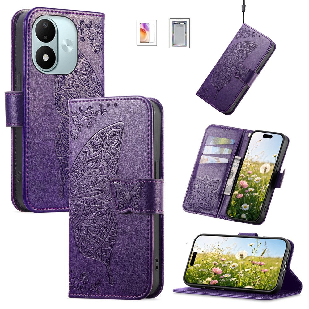 Wallet Case for Xiaomi Redmi Note 17 4G (Global) / Note 17 (India / China) 5G / Note 17 5G (Global) , Butterfly Pattern PU Leather Phone Cover with Tempered Glass Screen Protector