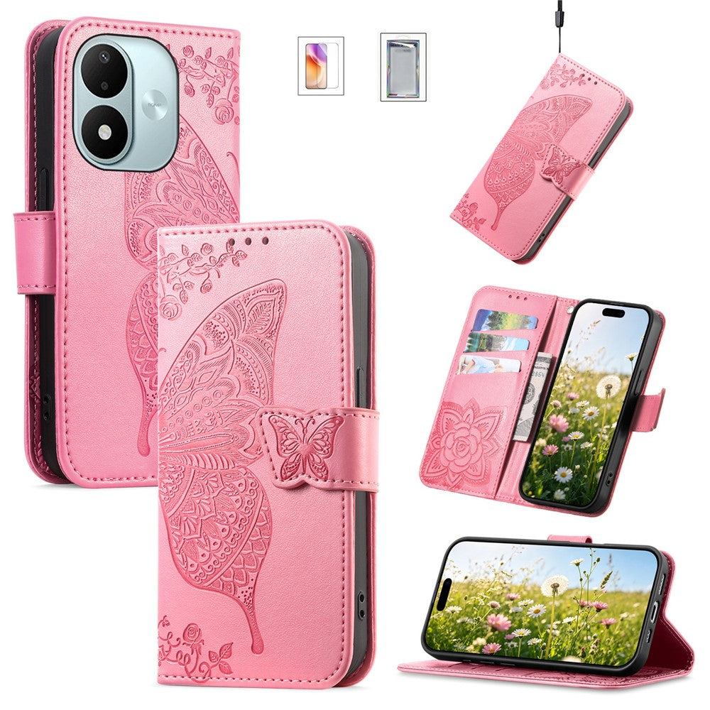 Wallet Case for Xiaomi Redmi Note 17 4G (Global) / Note 17 (India / China) 5G / Note 17 5G (Global) , Butterfly Pattern PU Leather Phone Cover with Tempered Glass Screen Protector