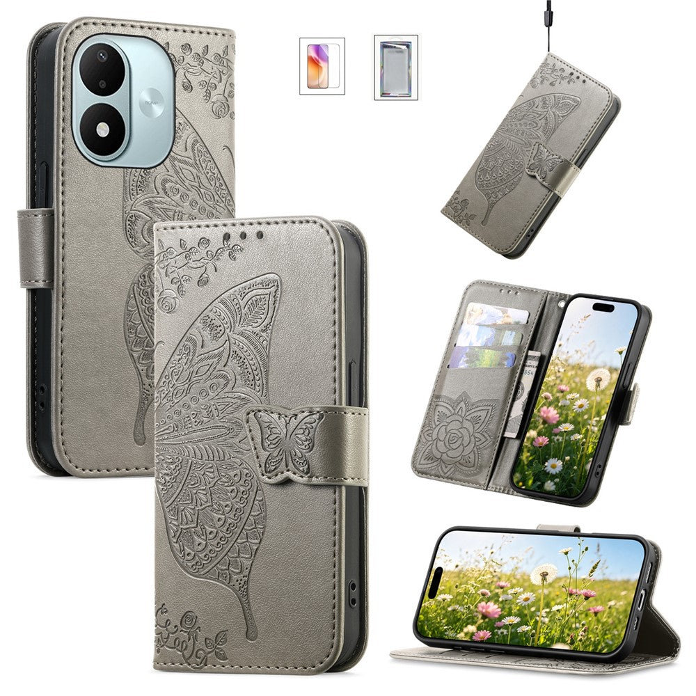 Wallet Case for Xiaomi Redmi Note 17 4G (Global) / Note 17 (India / China) 5G / Note 17 5G (Global) , Butterfly Pattern PU Leather Phone Cover with Tempered Glass Screen Protector