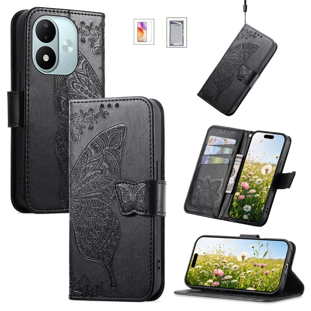 Wallet Case for Xiaomi Redmi Note 17 4G (Global) / Note 17 (India / China) 5G / Note 17 5G (Global) , Butterfly Pattern PU Leather Phone Cover with Tempered Glass Screen Protector