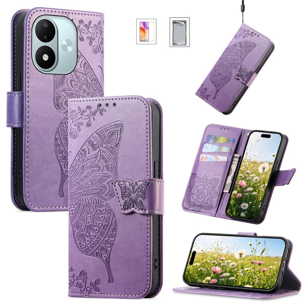 Wallet Case for Xiaomi Redmi Note 17 4G (Global) / Note 17 (India / China) 5G / Note 17 5G (Global) , Butterfly Pattern PU Leather Phone Cover with Tempered Glass Screen Protector