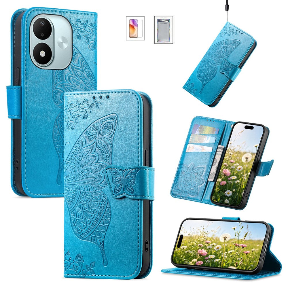 Wallet Case for Xiaomi Redmi Note 17 4G (Global) / Note 17 (India / China) 5G / Note 17 5G (Global) , Butterfly Pattern PU Leather Phone Cover with Tempered Glass Screen Protector