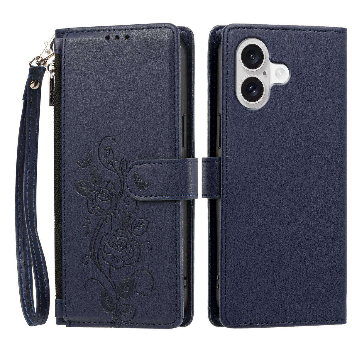 Til iPhone 17 / iPhone 18 etui Rosamønster Præget Pung Stand PU Læder Telefoncover med Håndrem