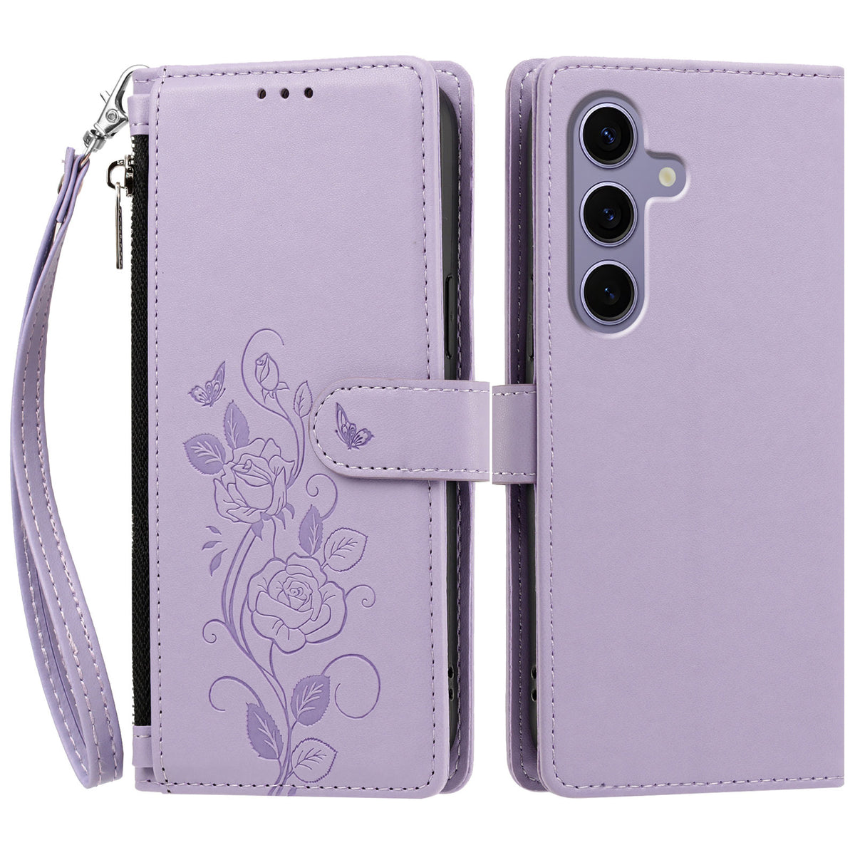 Samsung Galaxy S24 / Galaxy S25 skal rosmönster präglad plånboksfodral PU-lädermobilskal med handledsrem