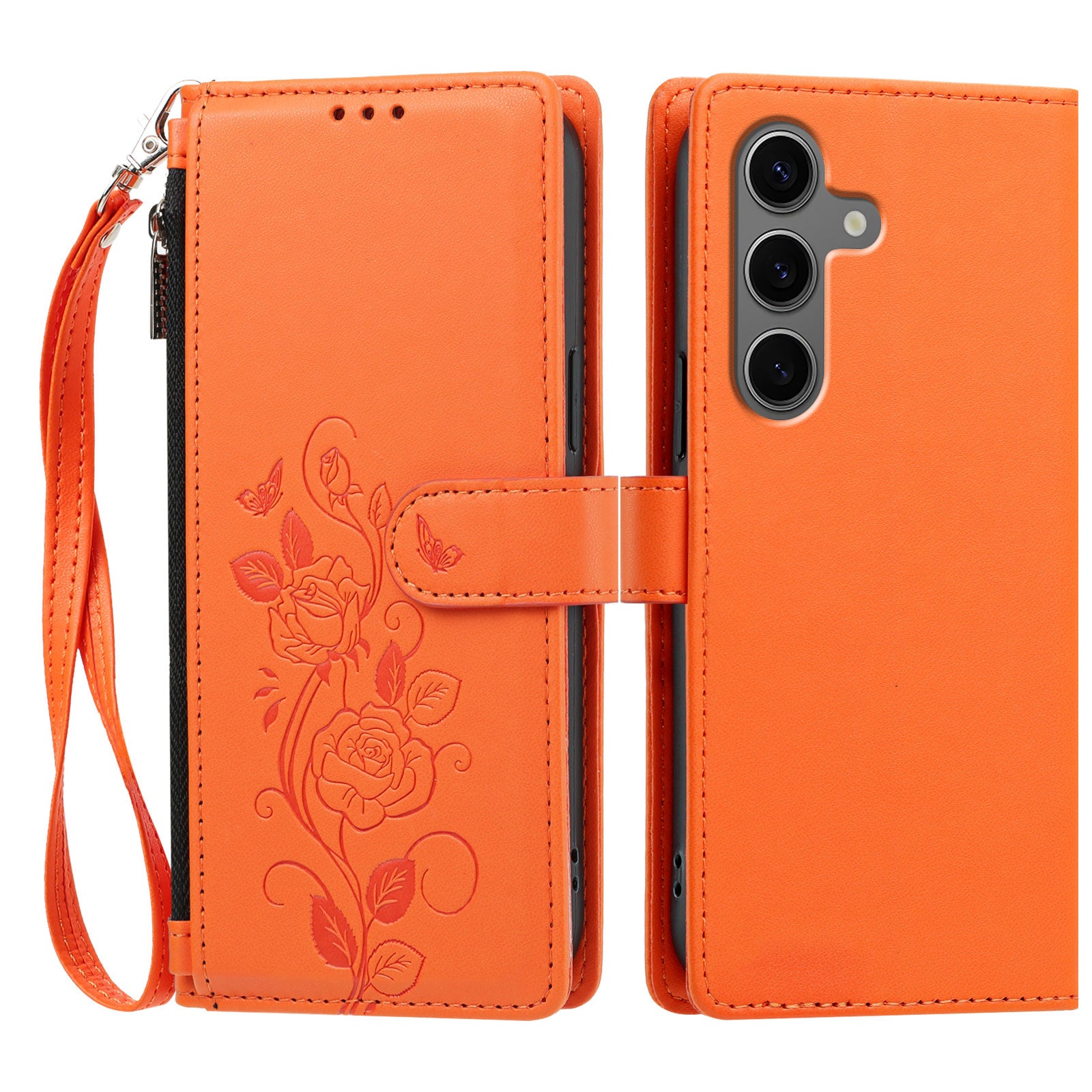 For Samsung Galaxy S24+ / Galaxy S25+ Case Rose Pattern Imprinted Wallet Stand PU Leather Phone Cover with Wrist Strap