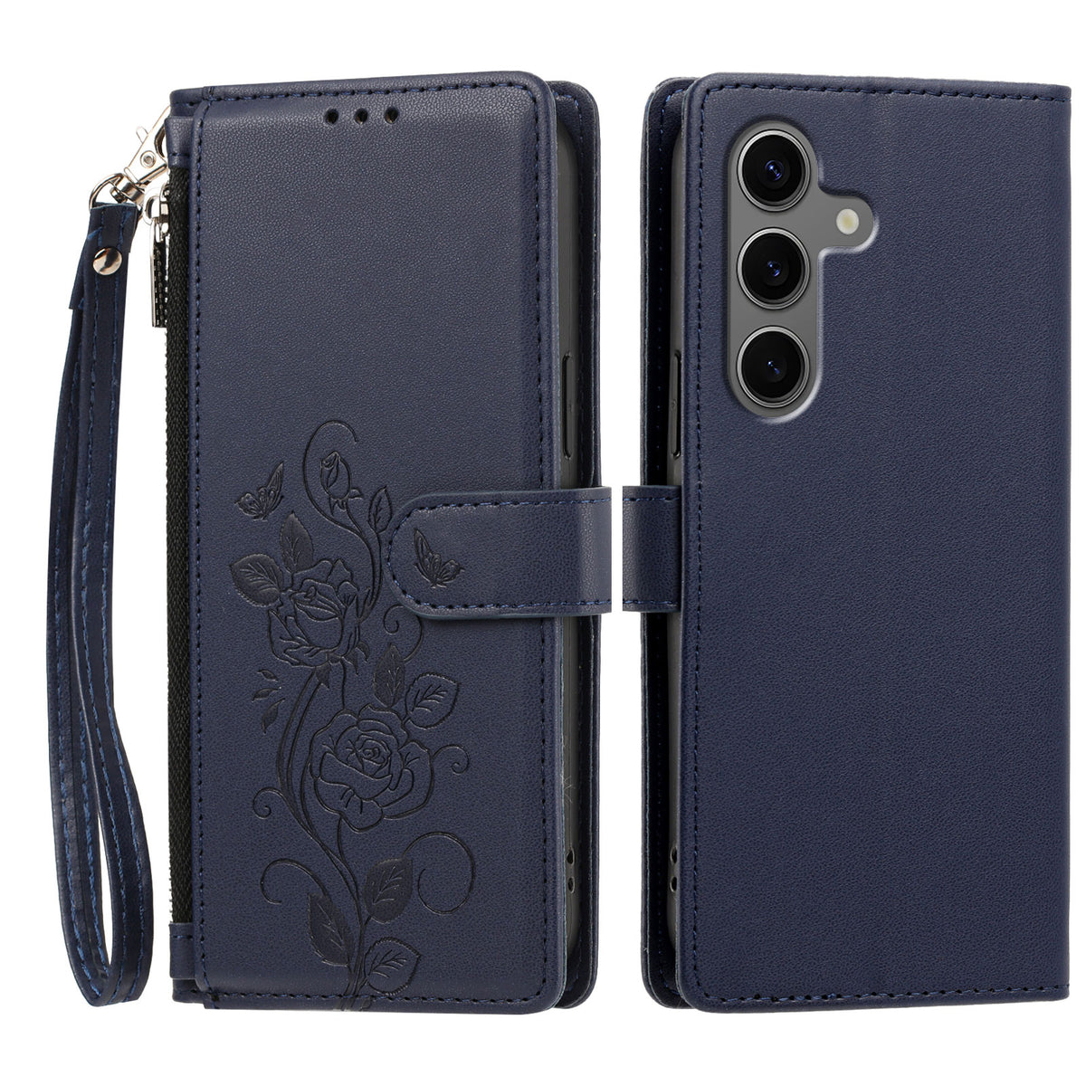 Samsung Galaxy S24+ / Galaxy S25+ Skal med rosmönster, präglad plånboksfodral i PU-läder med handledsrem