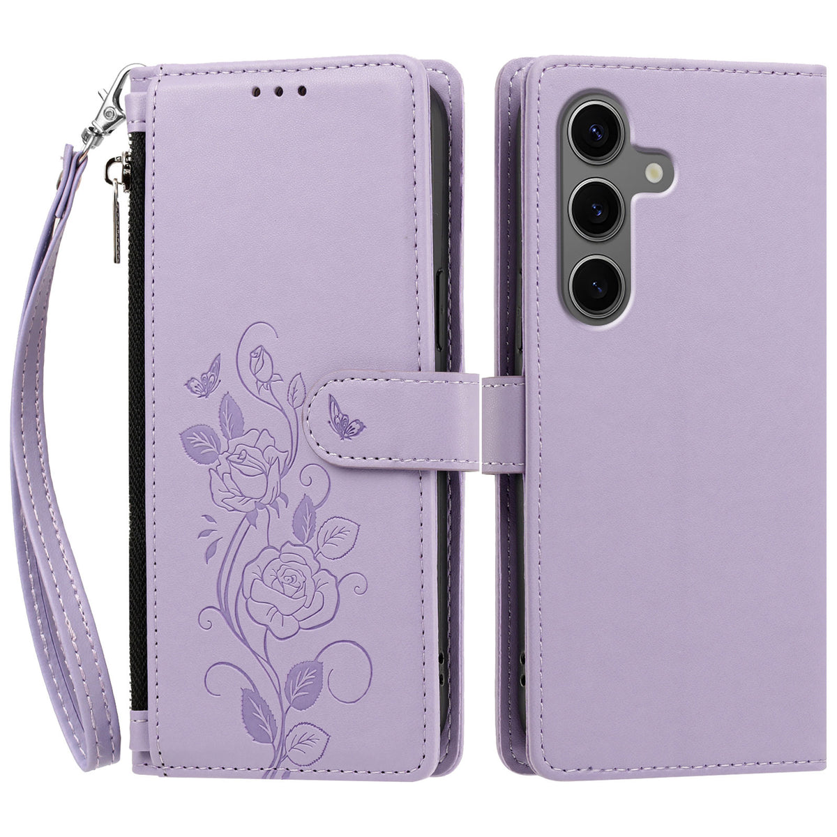 Samsung Galaxy S26+ Skal Rose Mönster Präglat Plånboksfodral PU Läder Mobilskal med Handledsrem