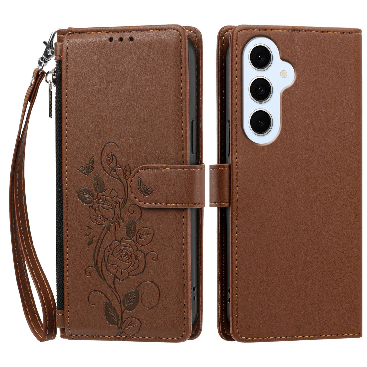 Samsung Galaxy S25 FE / Galaxy S26 FE-skal med rosmönster, präglad plånboksfodral i PU-läder med handledsrem