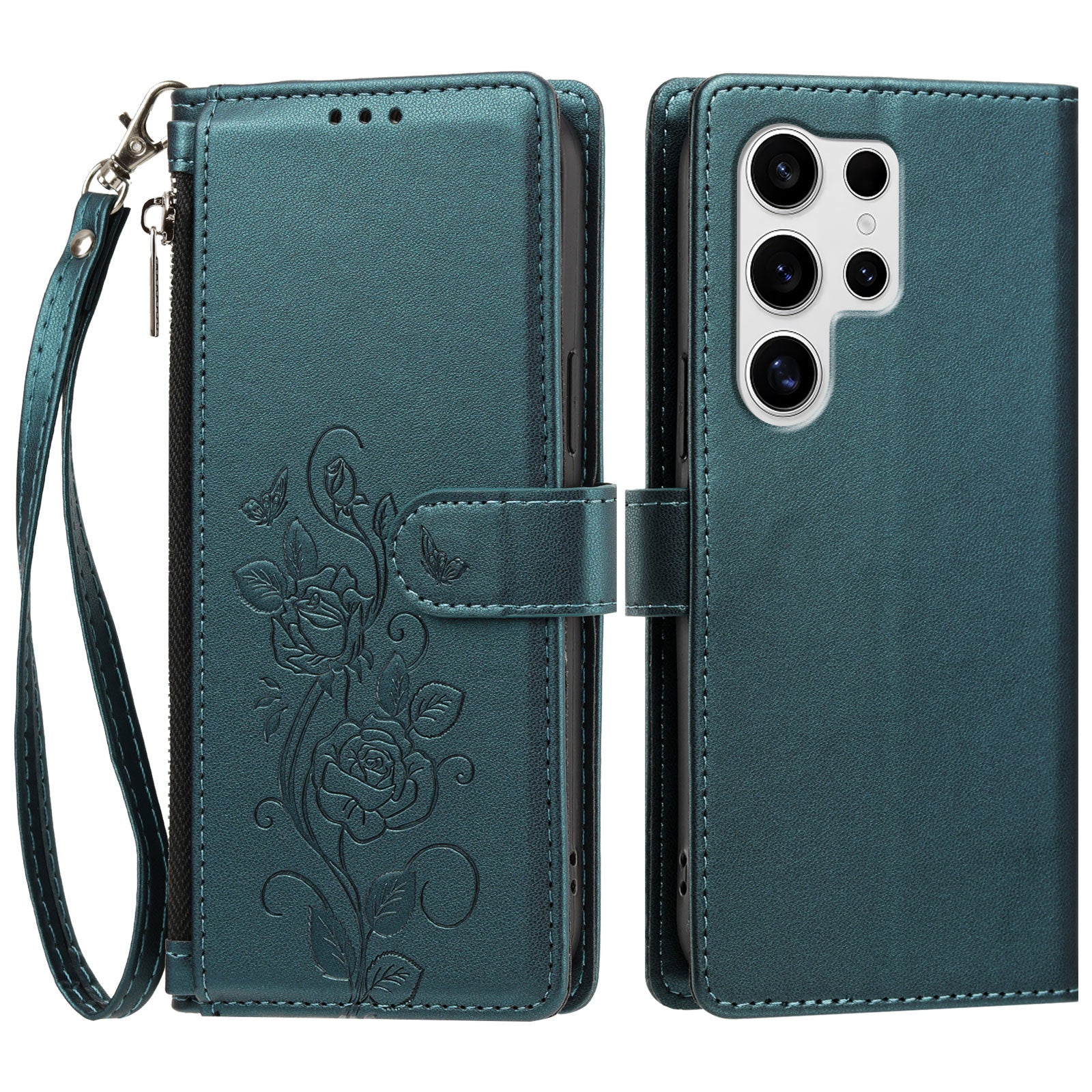 For Samsung Galaxy S25 Ultra Case Rose Pattern Imprinted Wallet Stand PU Leather Phone Cover with Wrist Strap