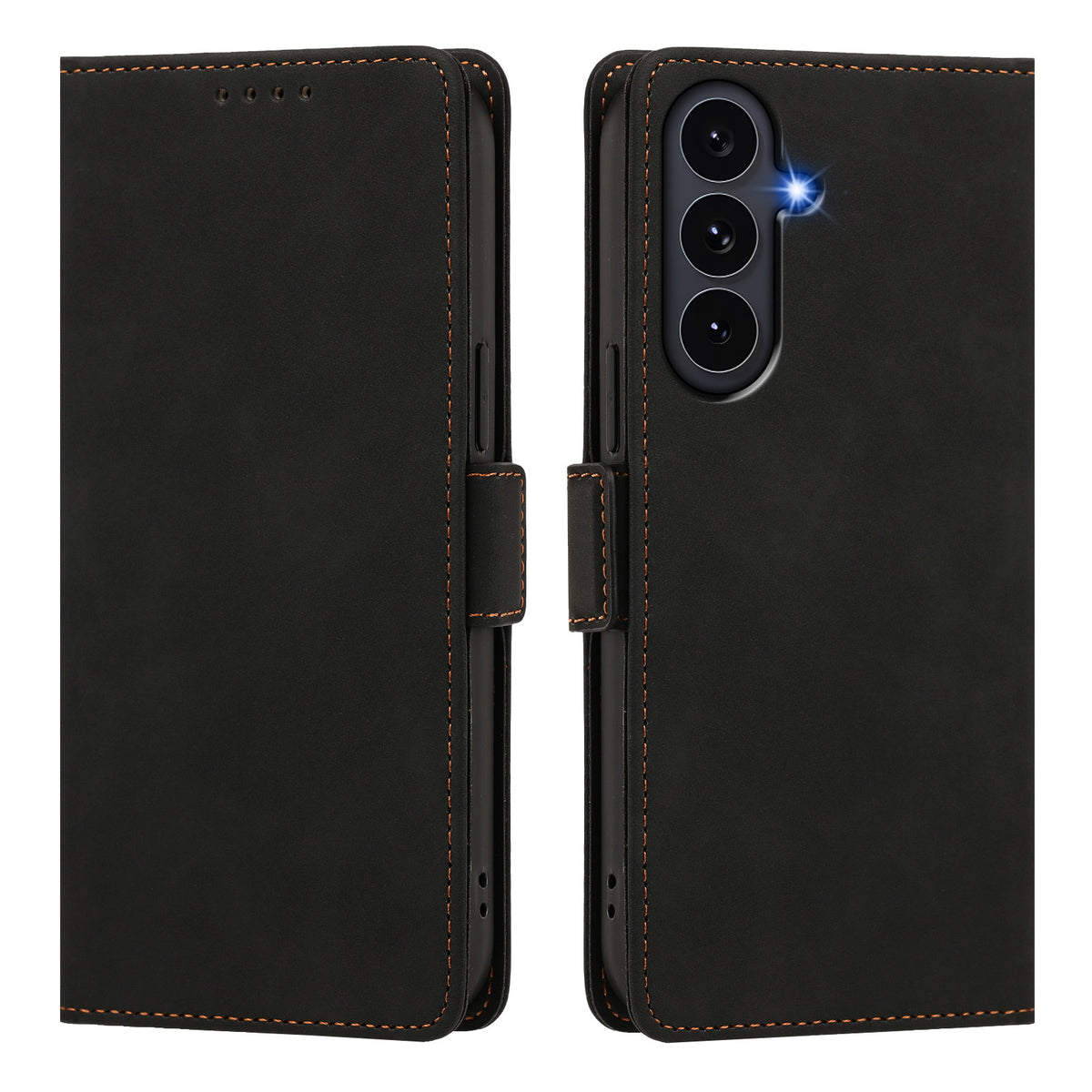 Samsung Galaxy S25 FE-skal i PU-läder med fällbart skydd och handledsrem.