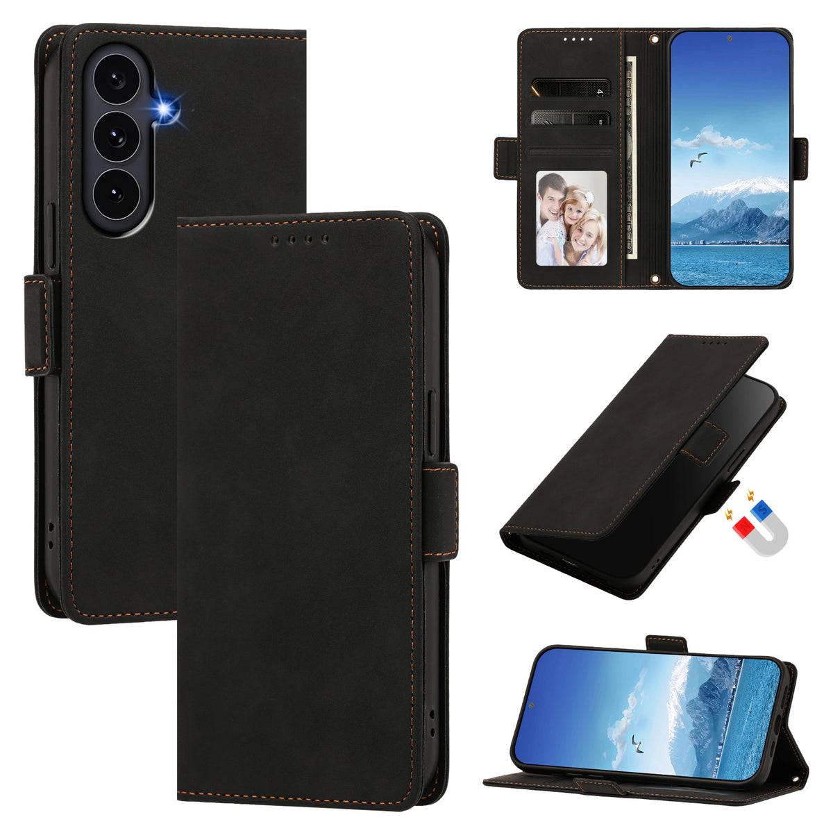 Samsung Galaxy S26 FE-skal i PU-läder med fällbart läder och handledsrem.
