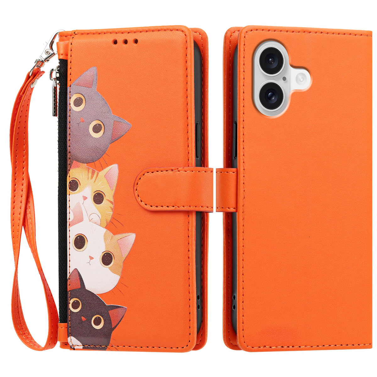 For iPhone 17 / iPhone 18 Case Cute Cat Pattern PU Leather Flip Wallet Phone Cover with Wrist Strap
