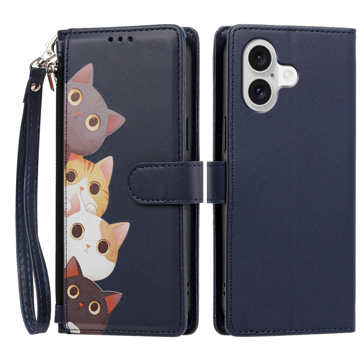 For iPhone 17 / iPhone 18 Case Cute Cat Pattern PU Leather Flip Wallet Phone Cover with Wrist Strap