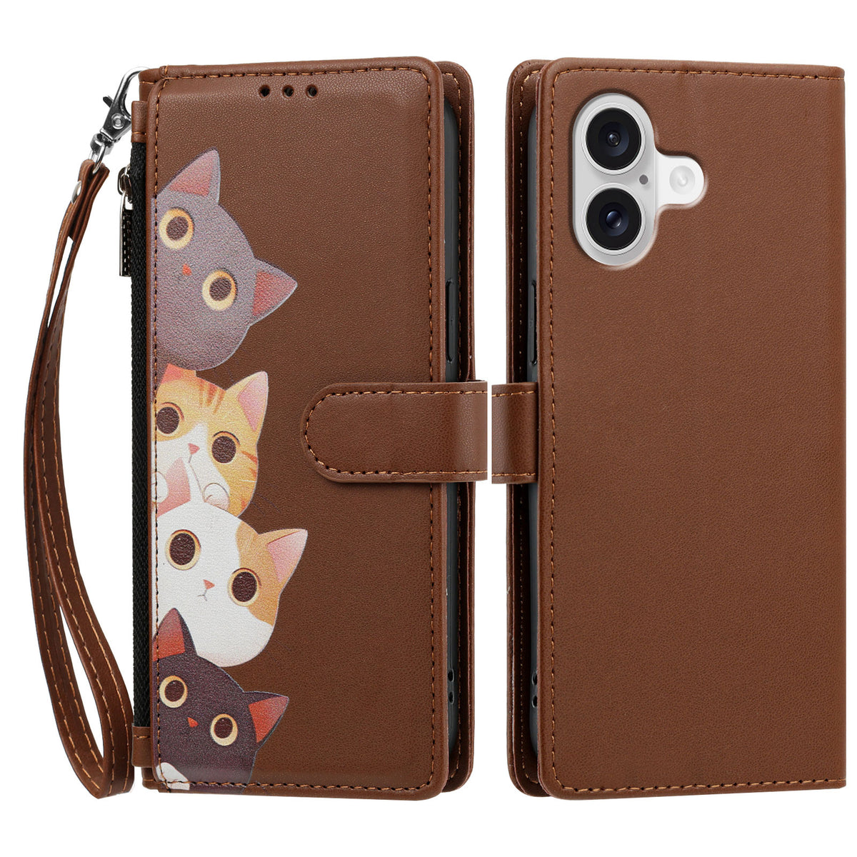 For iPhone 17 / iPhone 18 Case Cute Cat Pattern PU Leather Flip Wallet Phone Cover with Wrist Strap