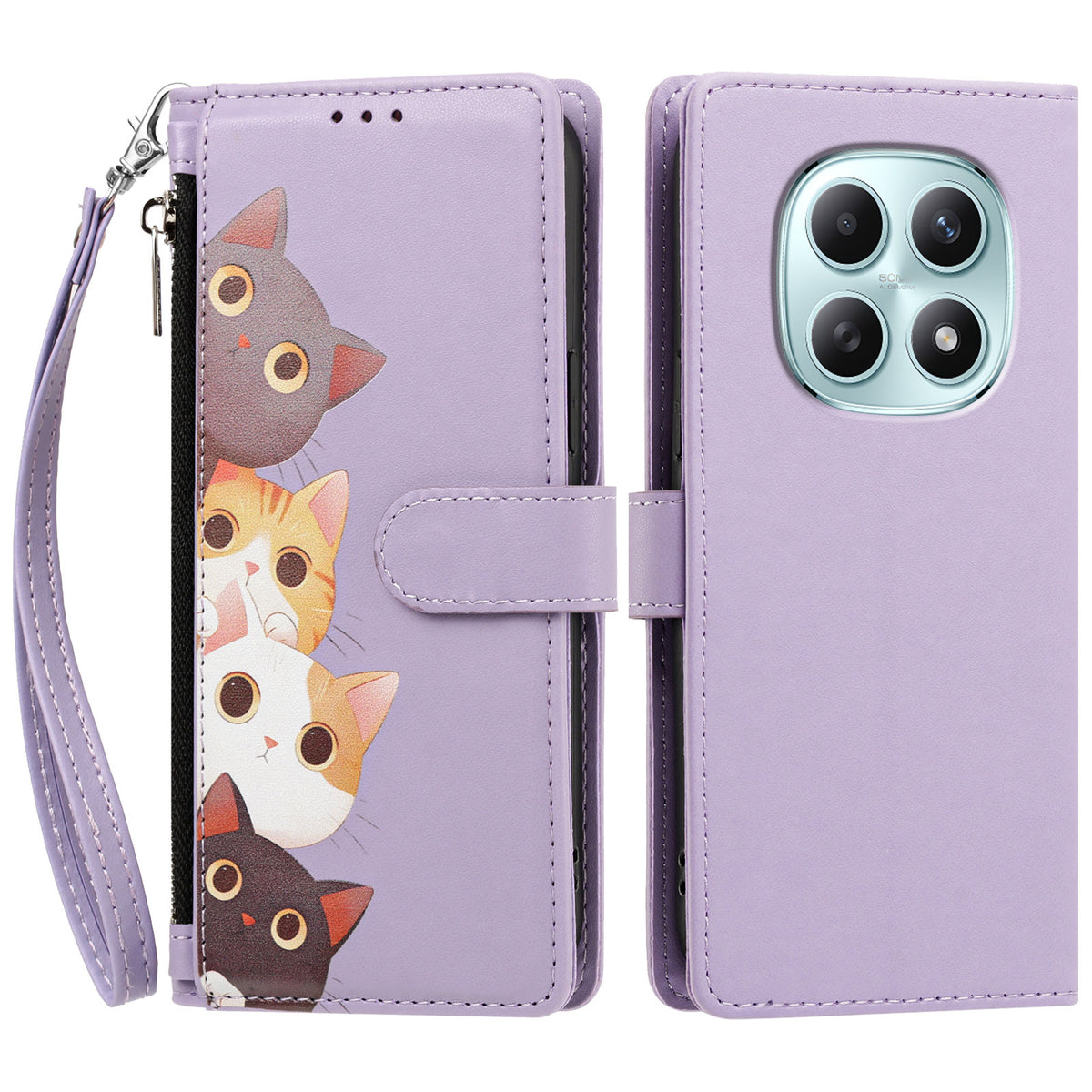 For Xiaomi Poco M8 5G / Xiaomi Redmi Note 15 4G (Global) / Xiaomi Redmi Note 15 5G (Global) Case Cute Cat Pattern PU Leather Flip Wallet Phone Cover with Wrist Strap