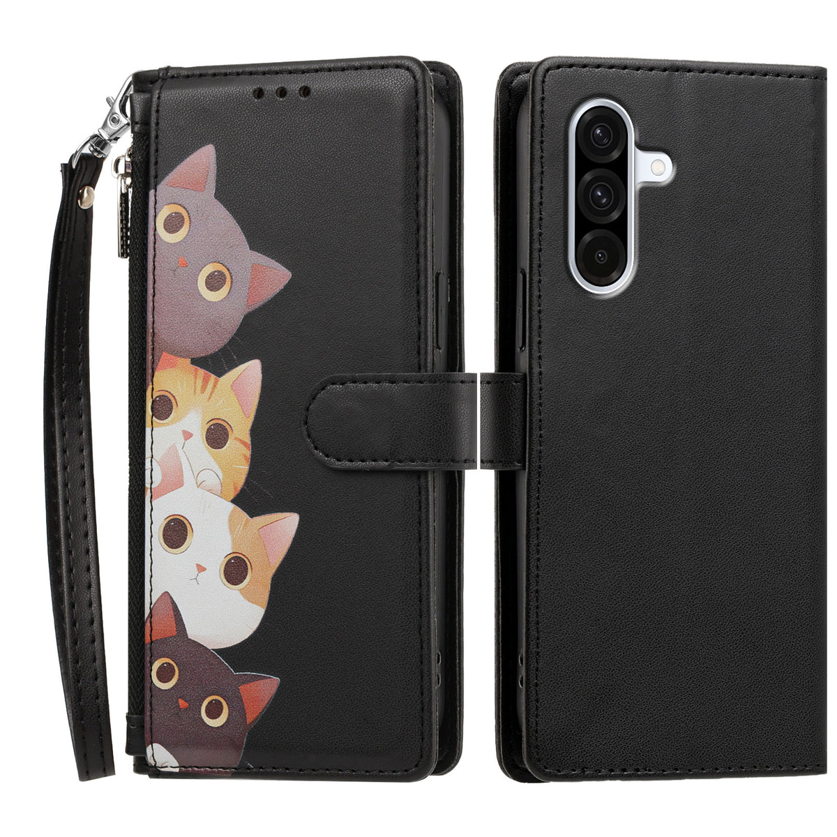 Samsung Galaxy A57 5G Skal Sött Kattmönster PU Läder Flip Plånboksfodral med Handledsrem