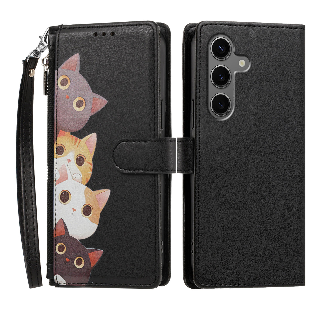 For Samsung Galaxy S24+ / Galaxy S25+ Case Cute Cat Pattern PU Leather Flip Wallet Phone Cover with Wrist Strap