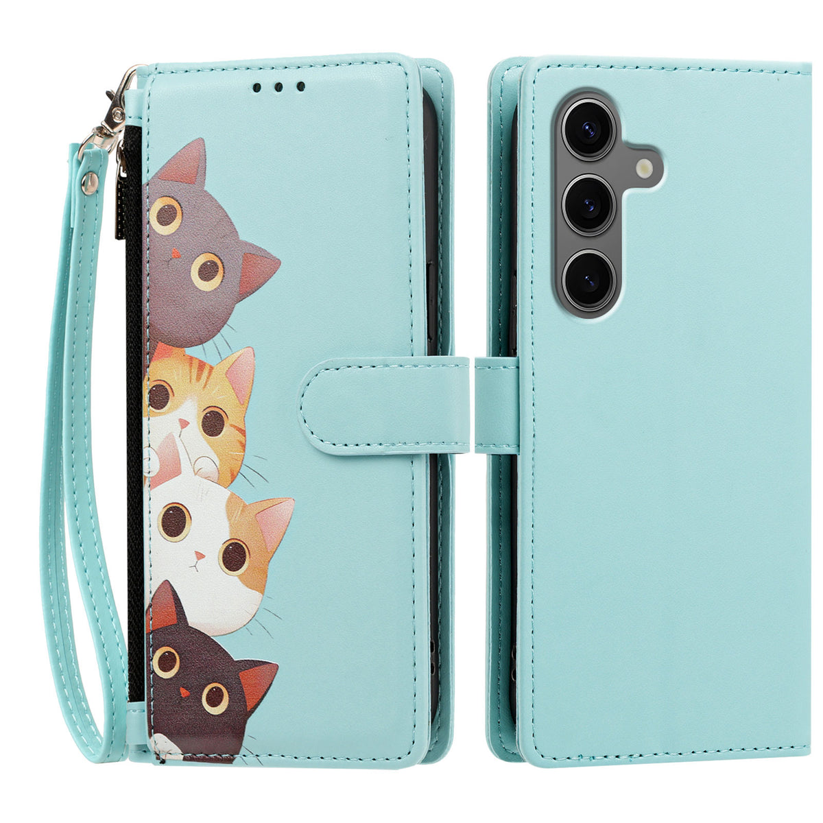For Samsung Galaxy S24+ / Galaxy S25+ Case Cute Cat Pattern PU Leather Flip Wallet Phone Cover with Wrist Strap
