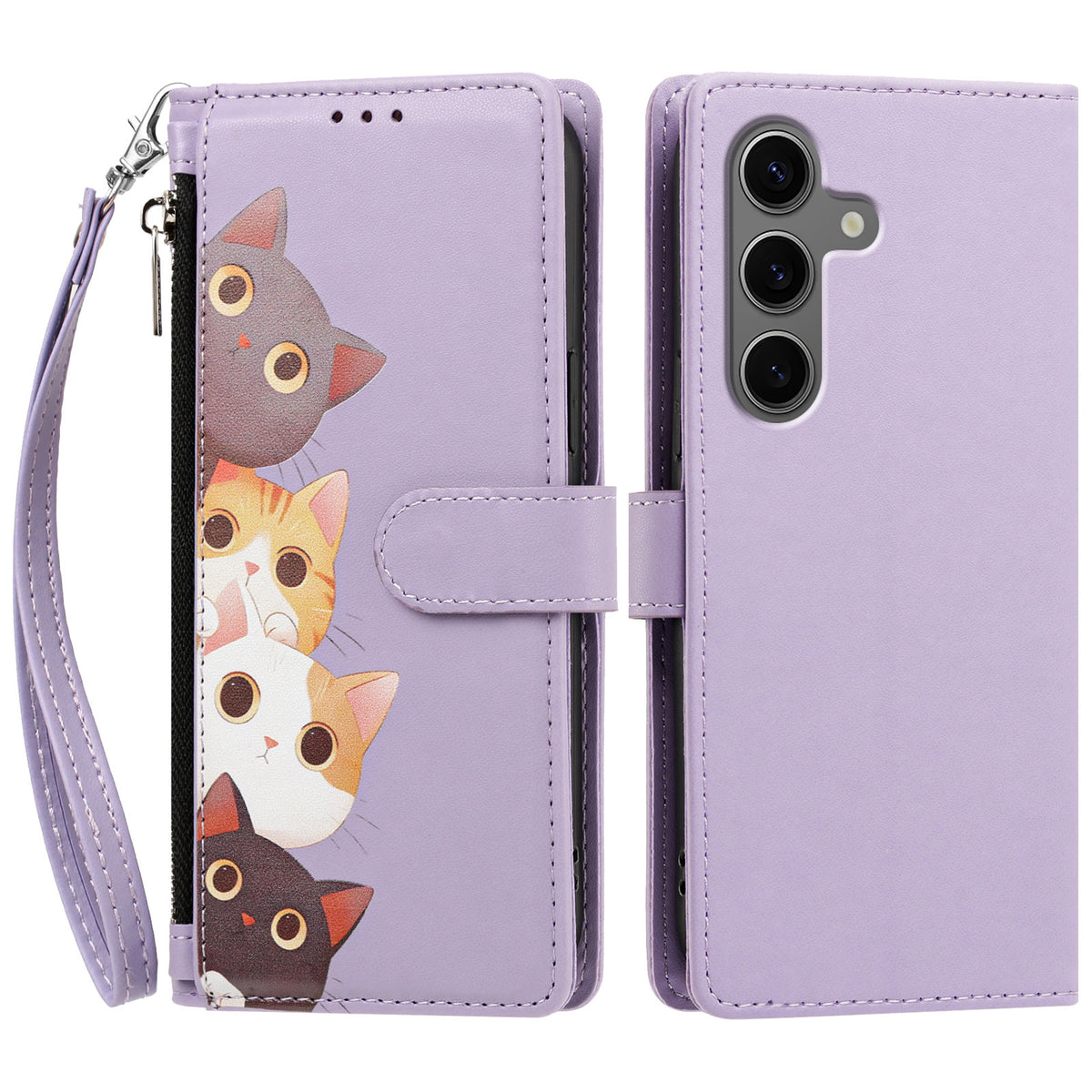 For Samsung Galaxy S24+ / Galaxy S25+ Case Cute Cat Pattern PU Leather Flip Wallet Phone Cover with Wrist Strap