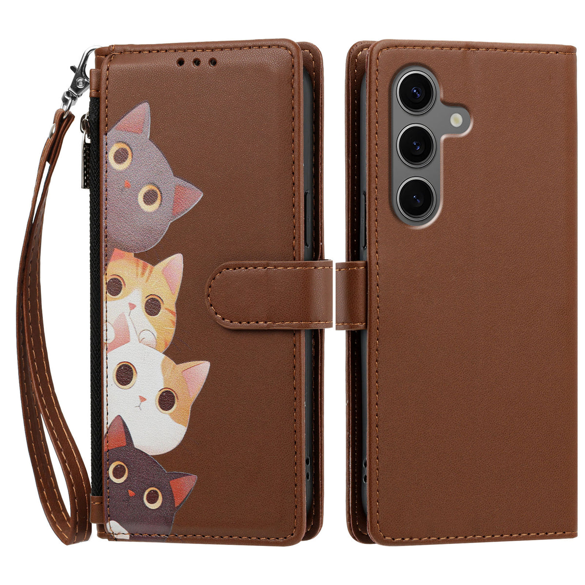 For Samsung Galaxy S24+ / Galaxy S25+ Case Cute Cat Pattern PU Leather Flip Wallet Phone Cover with Wrist Strap