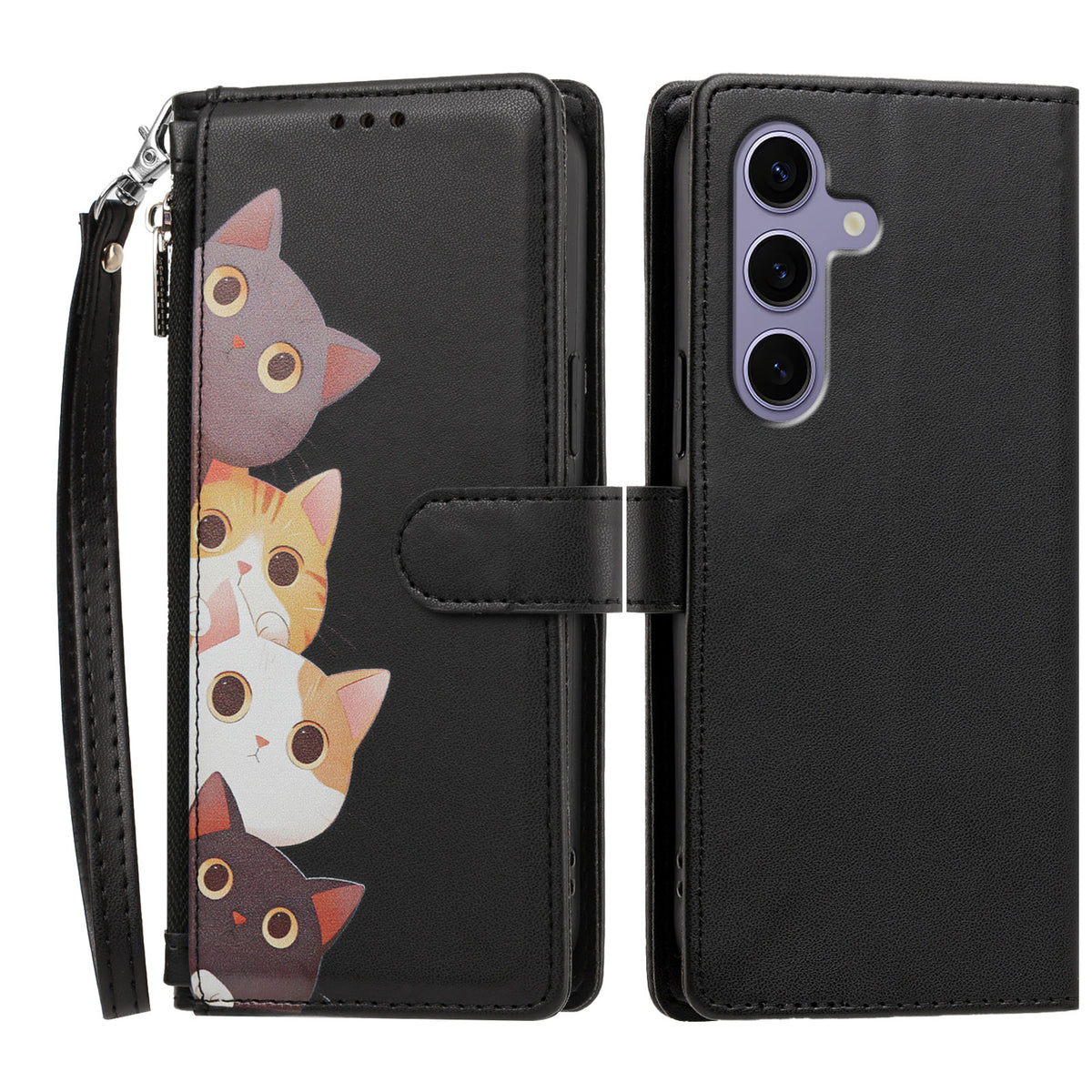 For Samsung Galaxy S24 / Galaxy S25 Case Cute Cat Pattern PU Leather Flip Wallet Phone Cover with Wrist Strap