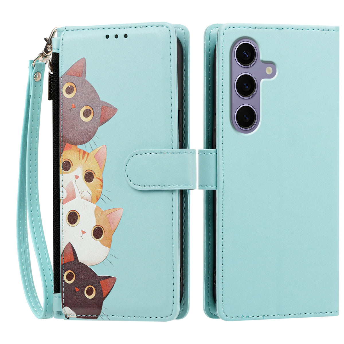 For Samsung Galaxy S24 / Galaxy S25 Case Cute Cat Pattern PU Leather Flip Wallet Phone Cover with Wrist Strap