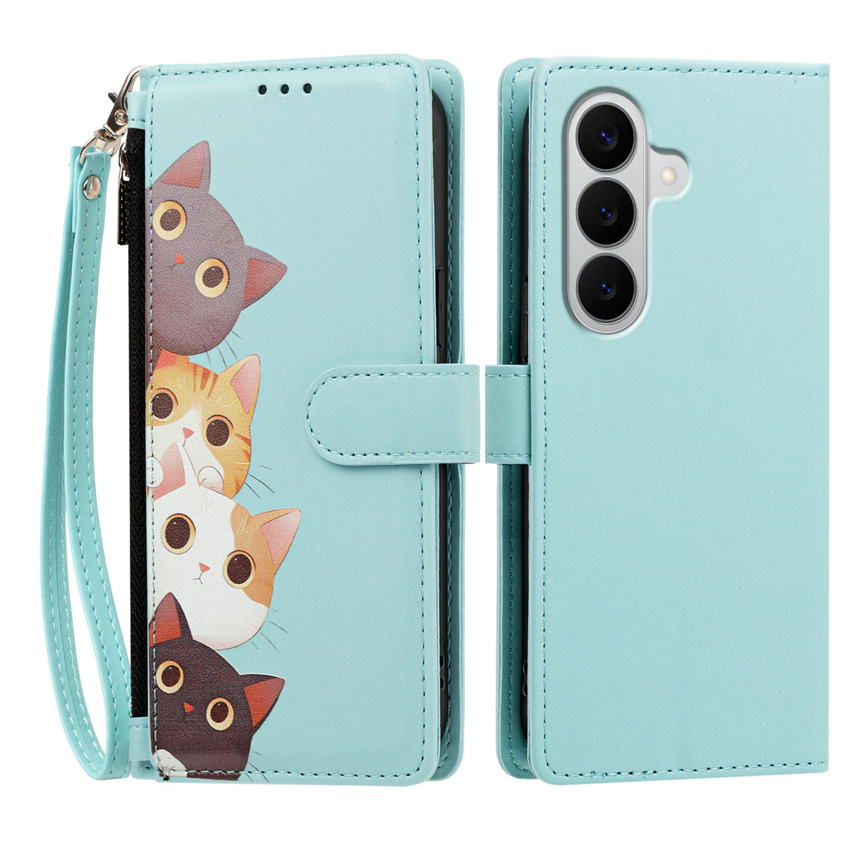 Samsung Galaxy A27 5G Skal Sött Kattmönster PU Läder Flip Plånboksfodral med Handledsrem