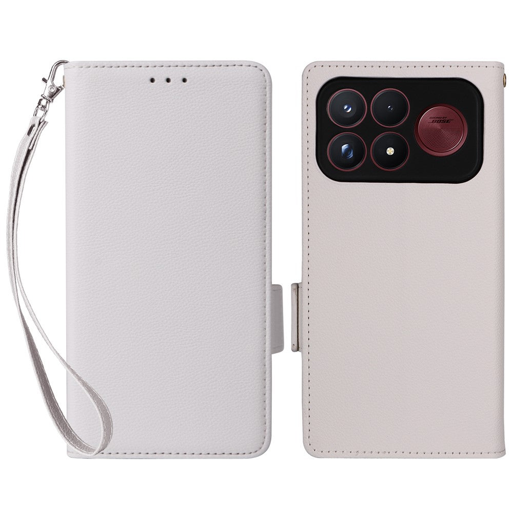 For Xiaomi Poco F9 Ultra 5G / Redmi K100 Pro Max 5G (China) Case Litchi Texture Wallet Leather Phone Cover with Wrist Strap