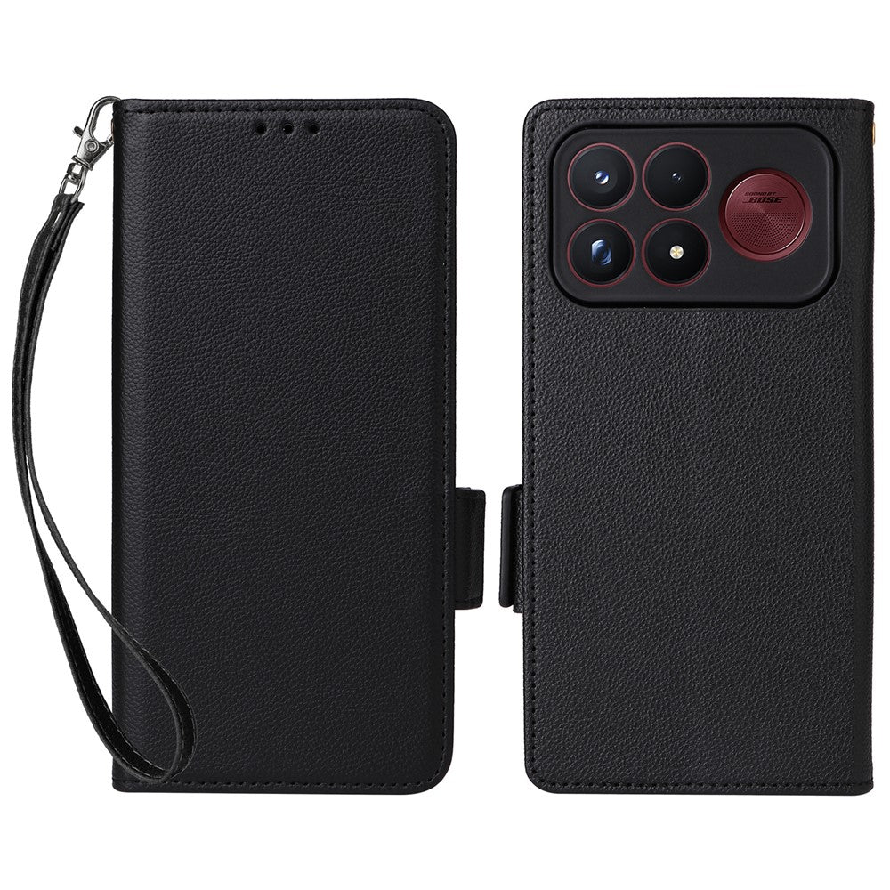 For Xiaomi Poco F9 Ultra 5G / Redmi K100 Pro Max 5G (China) Case Litchi Texture Wallet Leather Phone Cover with Wrist Strap