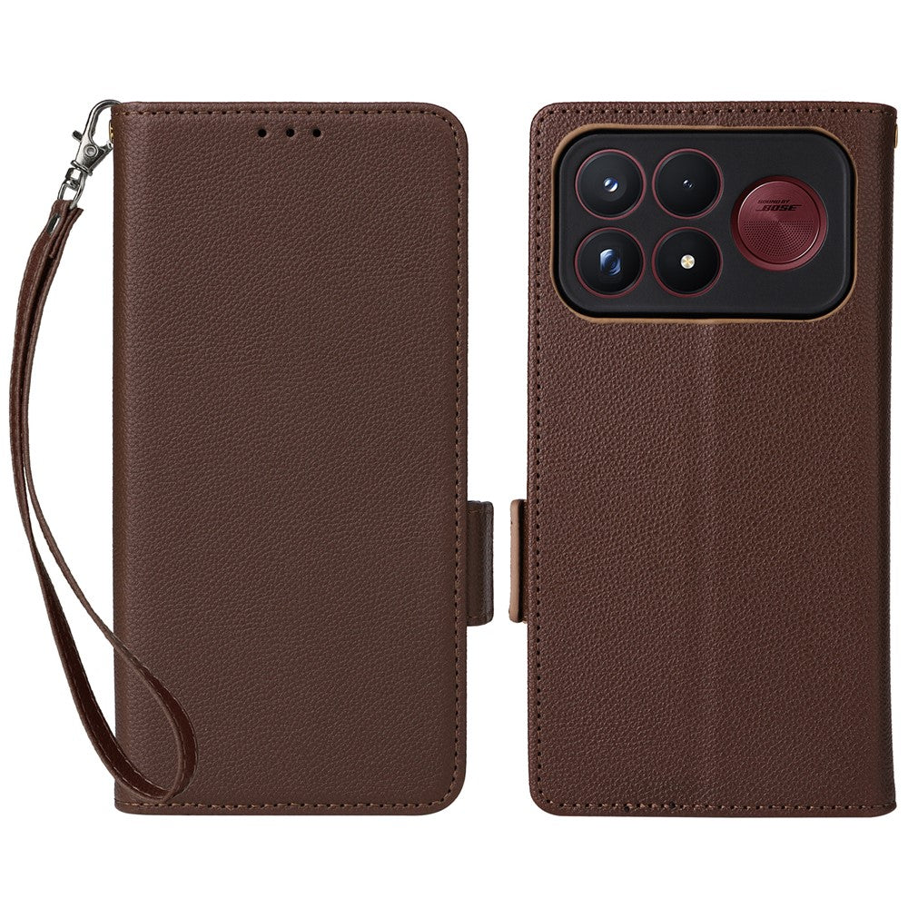 For Xiaomi Poco F9 Ultra 5G / Redmi K100 Pro Max 5G (China) Case Litchi Texture Wallet Leather Phone Cover with Wrist Strap