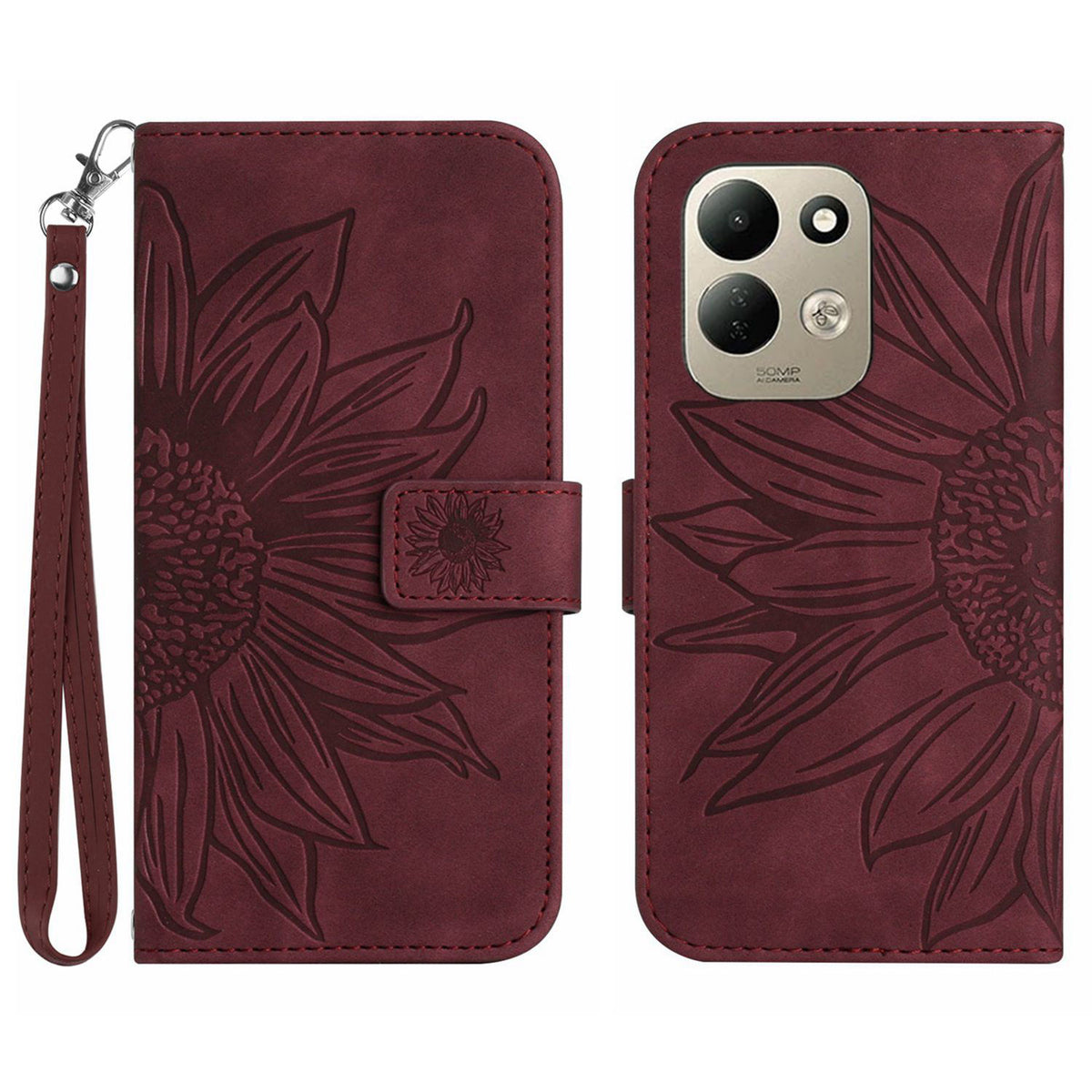 Xiaomi Redmi 17 5G / Xiaomi Redmi 17 4G-skal Sunflower Imprint läderplånbok för mobil med handledsrem