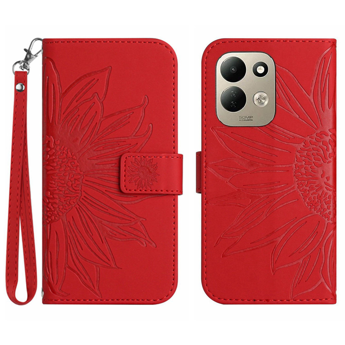 Xiaomi Redmi 17 5G / Xiaomi Redmi 17 4G-skal Sunflower Imprint läderplånbok för mobil med handledsrem