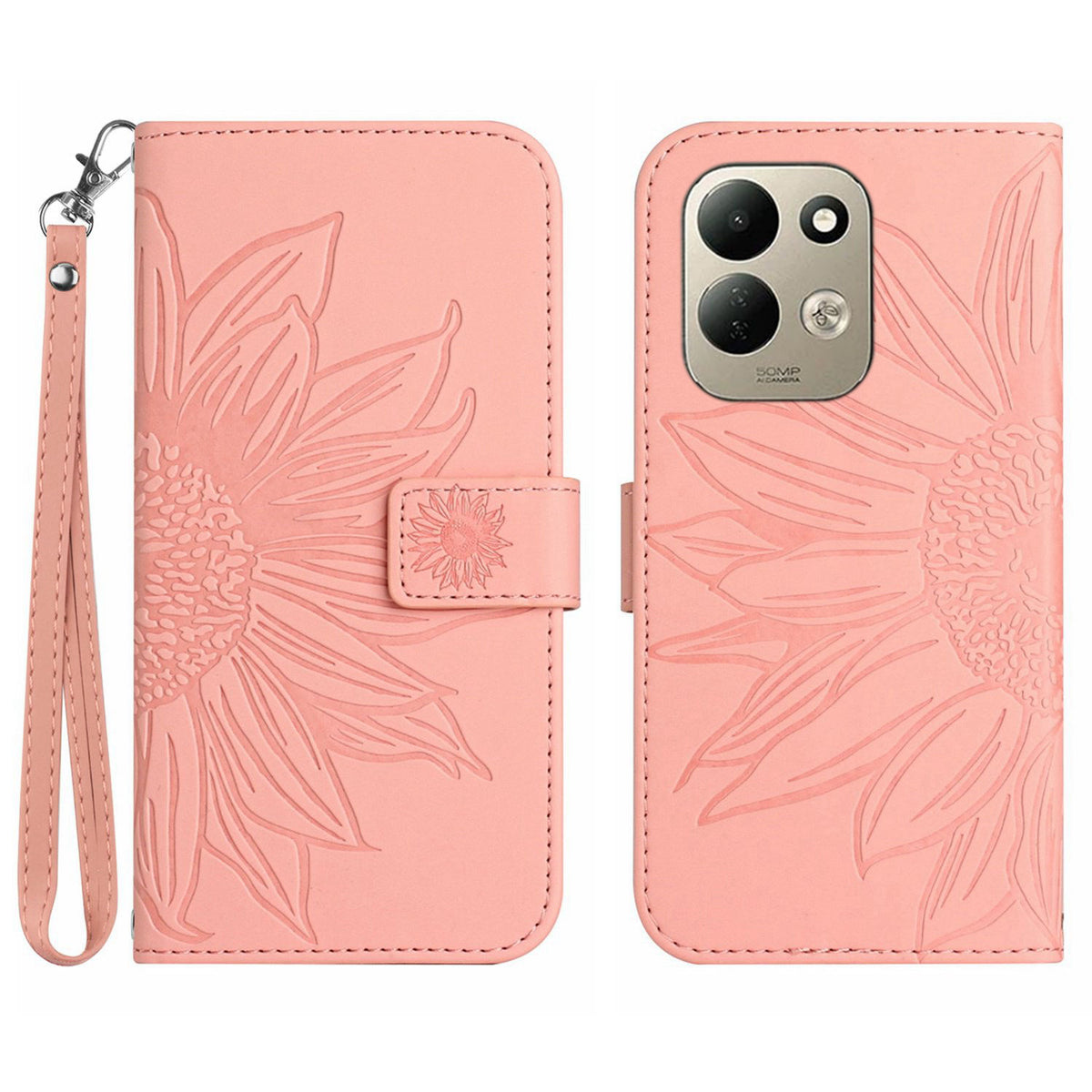 Xiaomi Redmi 17 5G / Xiaomi Redmi 17 4G-skal Sunflower Imprint läderplånbok för mobil med handledsrem